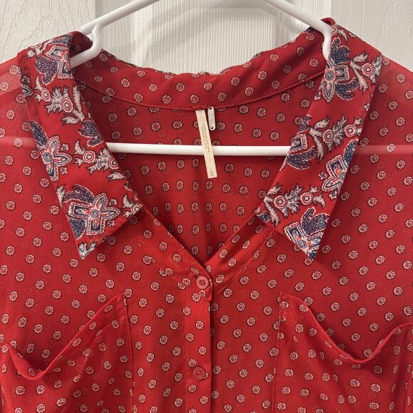 Free People Womens Easy Rider Red Combo Button Down Blouse Sz L Sheer Floral - Picture 2 of 10